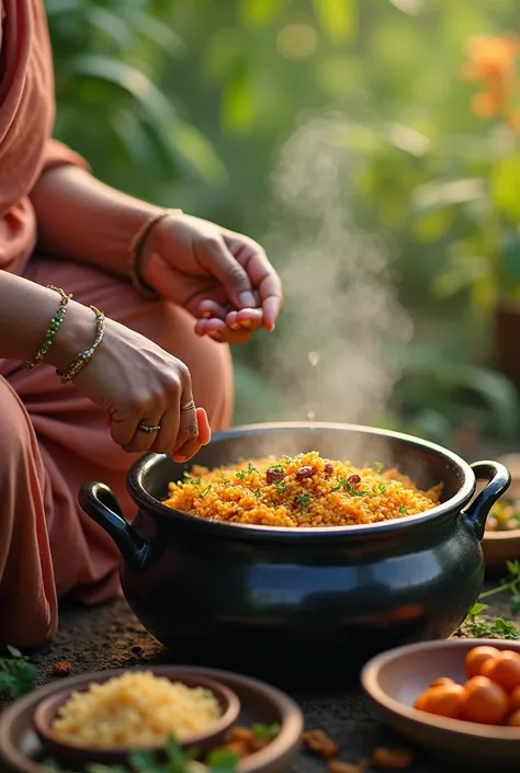 Hands of a mother, slightly plump, mixing ingredients in the black clay pot,  she is cooking Indian biryani in a open area of village in nature