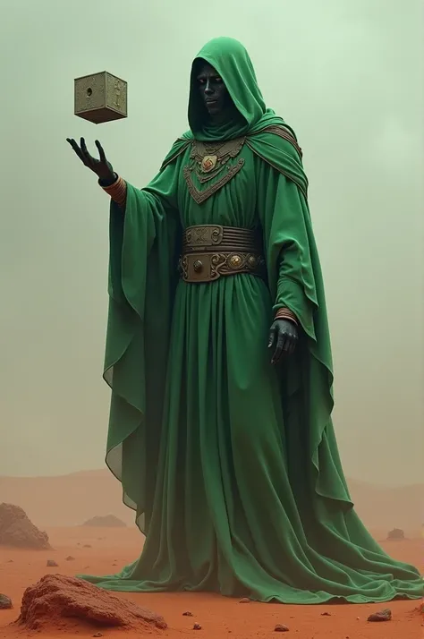 Tall Male Martian in Green robe with A metallic cube floating above its hand with a gray sky and Martian surface 