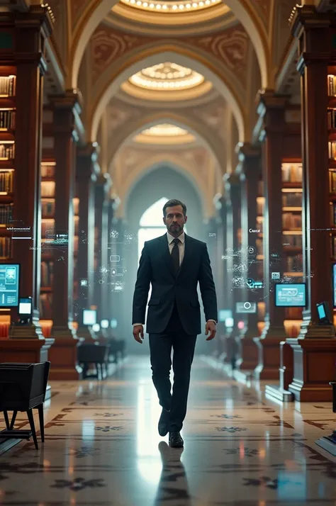 Man in classic suit in Islamic library with modern gadgets 