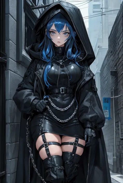 A girl with dark blue hair, her hood up, black eyes, setreetwear clothing, color pallette: black, white, blue, gray. She is a girl thats decently tall. She is alt girl/ goth. Shes 25. she has large breats
Shes extremely beatuful and oftern wears tight clot...