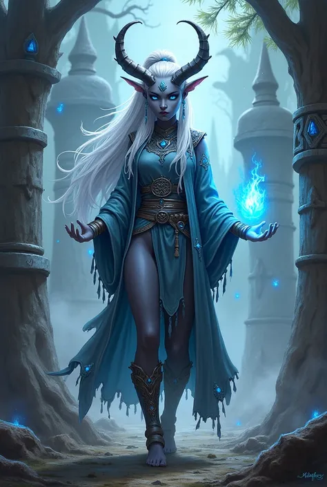 Draenei Girl, dark gray skin, White hair, gathered in a ponytail, roga barashek, hooves instead of feet, medium length tail, Blue eyes, shaman around totet