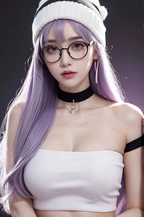 girl , no background , (black tube top), white beanie, light purple hair, long hair, bangs, round glasses, choker,