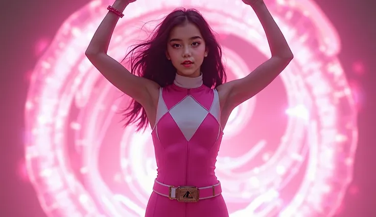 white skin black hair 19 year-old girl wearing sleeveless pink power Ranger suit raising her arms up summoning legendary pinkish aura with a snake pinkish hologram behind her, looking to the viewer 