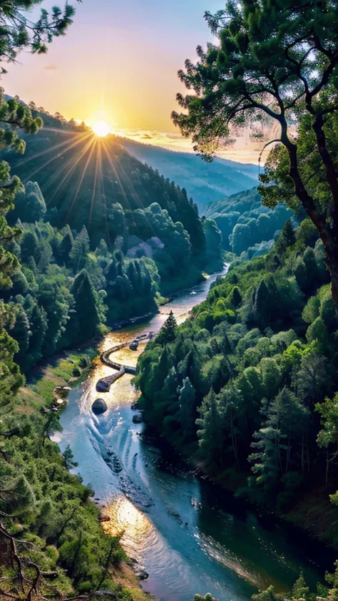 Forest view in the afternoon, beautiful forest atmosphere, sunset behind the trees, clear afternoon sky, there is a river flowing on the edge of the forest 