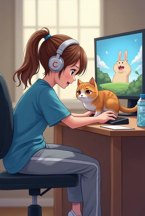 a young girl, brown ponytail hair, brown eyes, casual sports outfit, gray pants, blue t-shirt
 a humorous cat, plays video game on the computer, a bottle of water on the desk, white headphones on the ears.