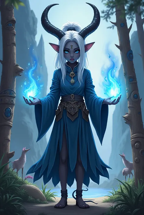 Draenei Girl, dark gray skin, White hair, gathered in a ponytail, roga barashek, hooves instead of feet, medium length tail, Blue eyes, shaman around totet