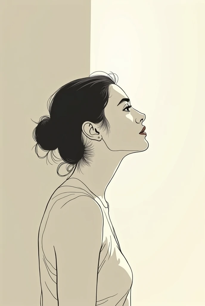 one line art style  of Fullbody side profile shot of woman looking up , Ray light on face