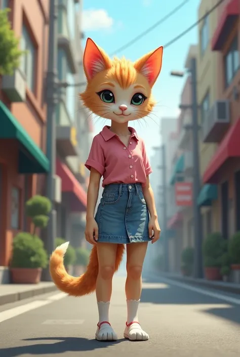 Humanized little cat on the street wearing a pink blouse and denim skirt standing like a human