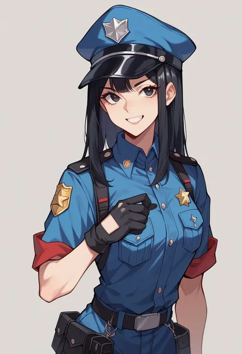 1 adult female、Security Guard、uniform、Uniform cap、Black Hair、clear、smile