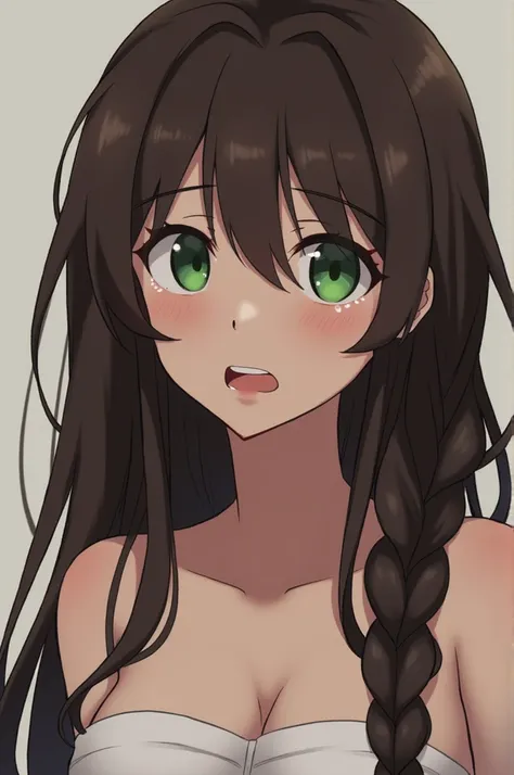 A girl with long dark brown hair and green eyes of 1.58 cm good body, big breasts with a hairstyle in her hair has a braided right side part and not a bang anime version. crying 