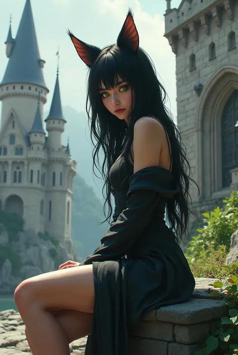 Masterpiece, best quality, highres, cat ears, black hair, castle background, green eyes, sitting on a bench