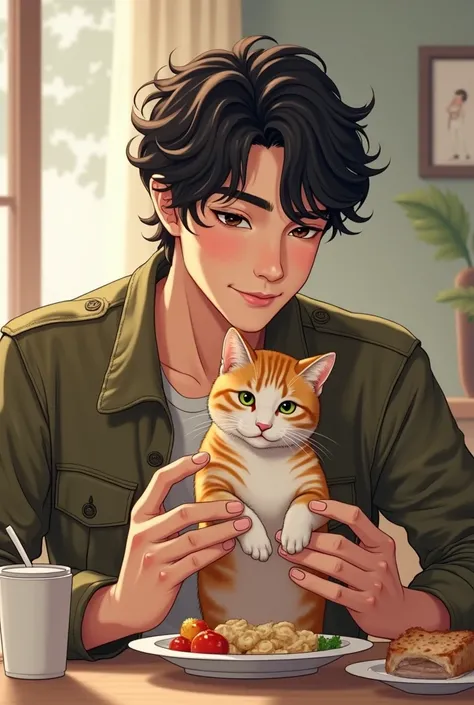 A handsome guy with curly hair in Korean style is eating while holding a cat