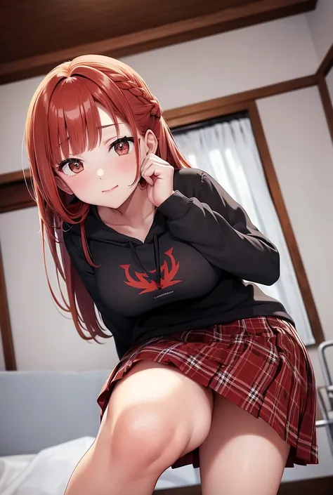 beautiful girl, Red hair, light brown eyes, lowered forward, plaid school skirt, sweatshirt, ecchi, pose sexy, straight hair, French braid hair, bottom view, 1 , Alone, breasts, 