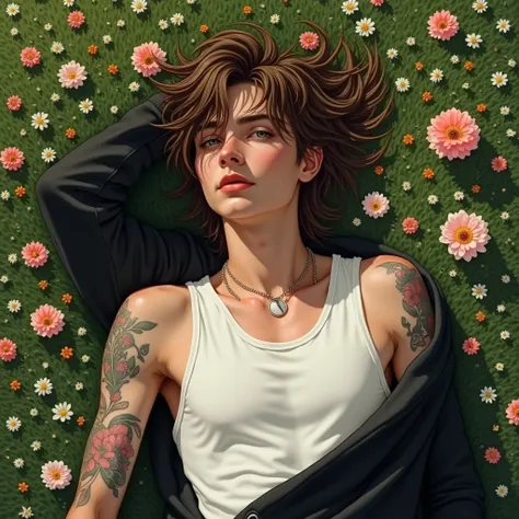 Realistic Handsome young man, delicate face, long messy brown hair with bangs, very white skin, pale skin, honey colored eyes, lying on a lawn with pretty and delicate flowers, wearing a white tank top and a black hoodie falling off his shoulder, bare shou...