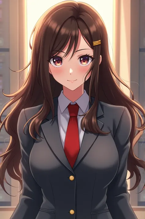 Fondo de pAntAllA Boku no hero AcAdemiA.  ChicA lindA,  cAbello lArgo color cAstAño,  ojos cAfes , cAbello ondulAdos,  uniforme de lA u.A , trAje gris y  corbAtA rojA 