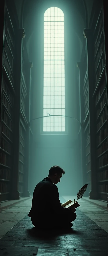 In a dark huge hall of books. There is a big rectangular glass window . And guy is sitting on floor and writting something in a diary with a feather pen on table .. theres too dark just few light rays are coming from window 