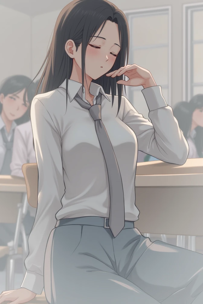 wearing a school uniform, white shirt, wearing a light gray tie, sleeping in class