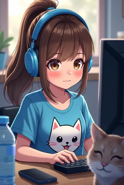 a young girl, brown ponytail hair, brown eyes, blue headphones on the ears, casual sports outfit, gray pants, blue t-shirt
a humorous cat on it, plays a video game on the computer, a bottle of water on the desk.