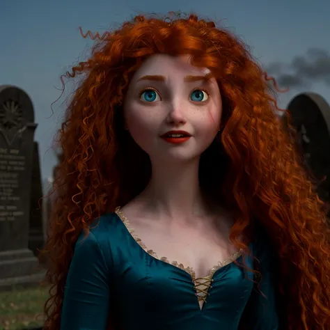 (1 teen slim Merida dressed as a witch). scary graveyard. angry face, perfect blue crystal eyes, look at the viewer, high details, cute face, sensual, provocative, nice breasts, oiled up body, perfect pale skin, standing, perfect body, charming, seductive,...