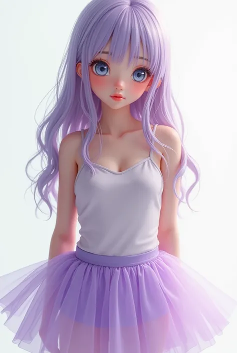 Very detailed, Very realistic, Hyperrealism, Ultra-realistic, (masterpiece, Stylish eyes with attention to detail: 1.2), (cute), 15years old girl, Off-the-shoulder tank top, Sheer purple tutu, Fashion studio white background, (Waist-up portrait :1.6), (Bod...