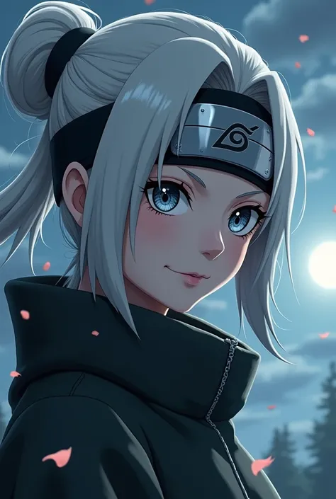 masterpiece, , a highly detailed portrait of girl from the anime naruto,intricate detailed face, striking piercing eyes with tomoe pattern, silver hair, wearing his iconic leaf village ninja outfit, sharp defined features, pale skin, swirling energy emanat...