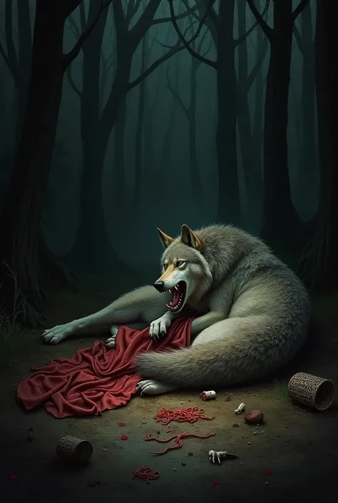 The wolf sleeping with a full belly after having eaten Little Red Riding Hood and her grandmother 