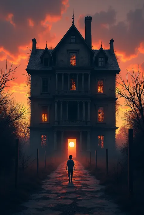 . ** 10 year boy Ravi Walking Towards the Haunted House**: A brave , Ravi, walking alone towards an old, abandoned haunted house at sunset. The house is large, dark, with broken windows, cracked walls, and covered in vines. The sky is turning orange and pu...