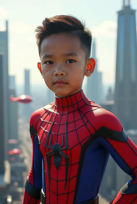 1 boy, a handsome  Indonesian boy as spiderman, lookiang at camera, standing, half body, cowboy shot, futuristic city, bright light, daylight, outdoor, cinematic, 8k wallpaper