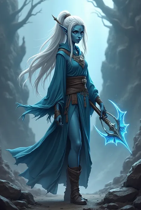 Draenei Girl, dark gray skin, White hair, gathered in a ponytail, roga barashek, medium length tail, Blue eyes, Shaman