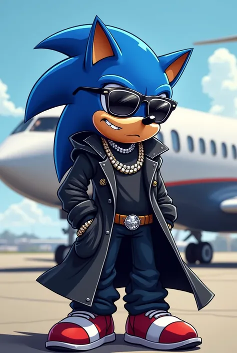 Sonic the hedgehog, wearing black hoodie ,trenchcoat, diamond chains,baggy pants, sunglasses,standing on airport by a jetplane, cartoon style