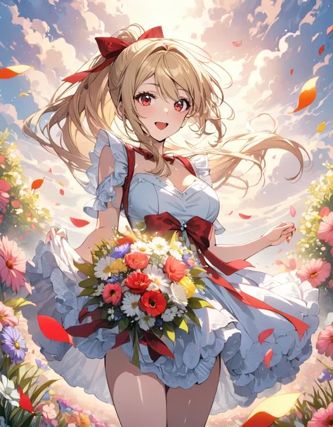 (masterpiece),(absurdres),(ultra detailed),(8k),(beautiful detailed),anime illustration,God Bless,Colorful flower field,Colorful petals floating:1.1,hold on colorful bouquet:1.2,happy,cowboy shot,break,(Random color Princess dress:1.1),break,(Solo Girl),(b...