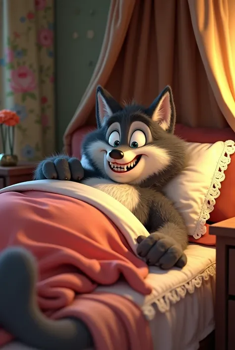 The wolf sleeping in bed after eating Little Red Riding Hood and her grandmother in animation 