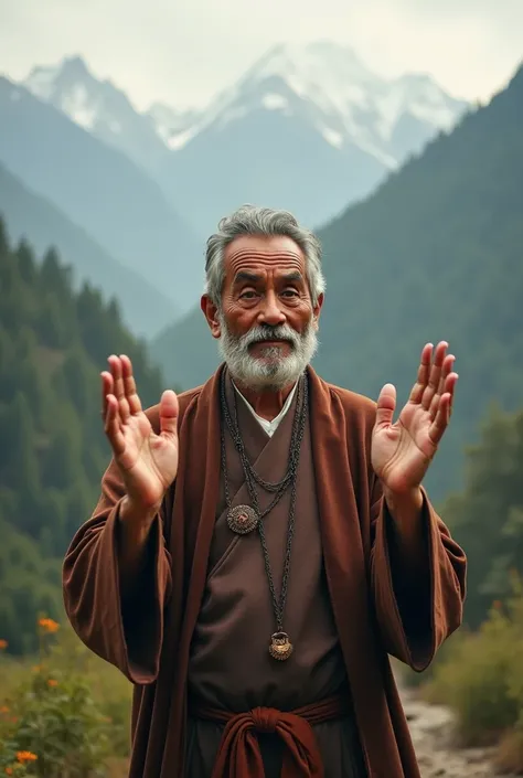 A bhutanese man with a serious experssion trying to explain the  Bhutanese king through hand gestures 
