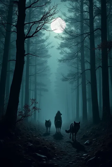 There were sounds of some animals and wolves in the forest and it was very dark  