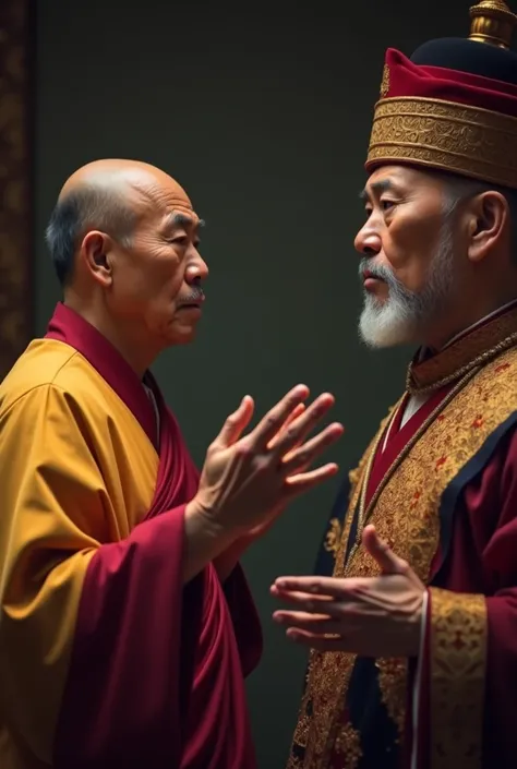 A bhutanese man with a serious experssion trying to explain the  Bhutanese king through hand gestures. The man is with the king
