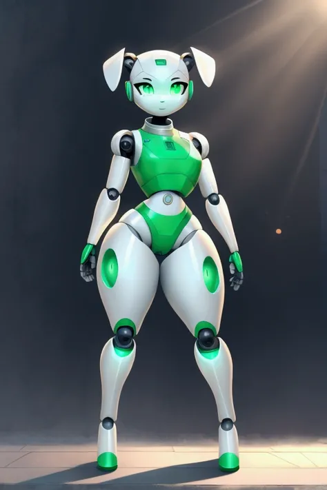 Little slim female robot dog with nice big thighs and cute green eyes full body.