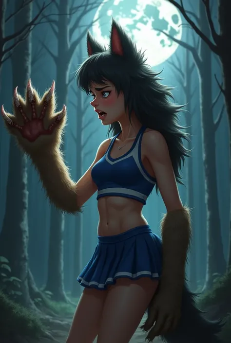 A panicked cheerleader stares at her left hand in horror as she sees it has grown into a large werewolf claw and the fur is spreading up her forearm. Her ears have become canine, two of her upper teeth have become wolf fangs, and a wolf tail has grown from...