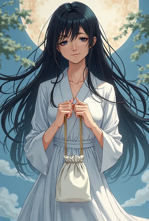 a picture of a woman in a long dress holding a white bag, sui ishida art manga, ( ( ( yoshinari yoh ) ) ), anime visual of a cute girl, colored manga, high quality colored sketch, the piercing stare of yuki onna, anime visual of a young woman, anime girl w...