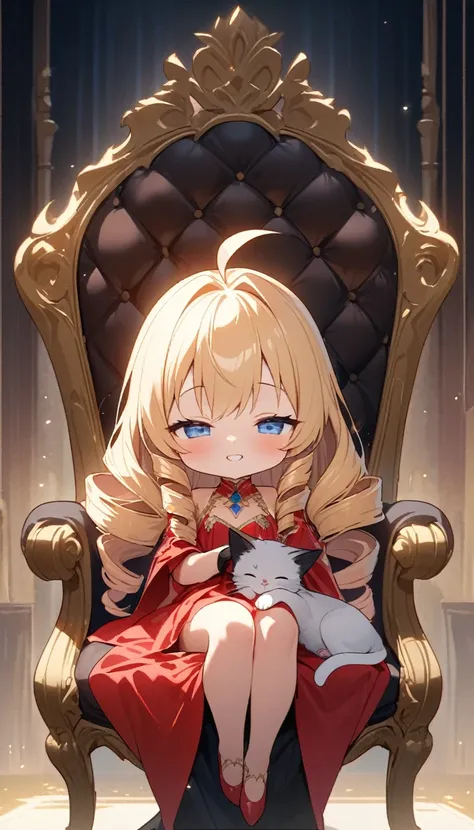 girl、Triumphant、Grin、Looking at the audience、Long Hair、Ahoge、blonde、Drill Hair、blue eyes、Oblique eyes、Half-closed eyes、Petting a kitten on the head、A kitten sleeping on your lap facing right、Gorgeous Red Dress、Evening Gloves、long、Sitting in a luxurious cha...