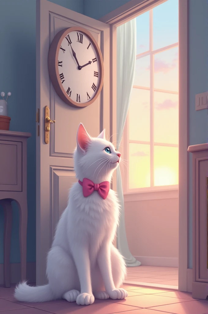 A graceful white cat with soft blue eyes sits by the door, wearing a delicate pink bow around her neck. She looks eagerly at the clock as her human delays opening the door. A sense of anxiousness fills the room, with soft pastel colors and a window showing...