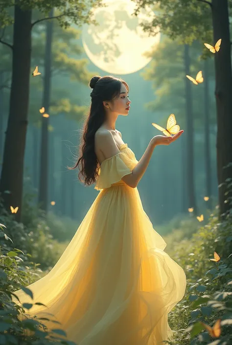 Young Korean woman in pastel yellow dress holding a butterfly in a forest with trees and butterflies flying around her with a full moon in the sky. Charlie Bowater. Art. Greg Rutkowski. Illustration. Fantasy art. 