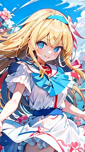 masterpiece quality，Highest Quality Assurance。Long blonde hair、Cute girl with aqua blue eyes。Refreshing，smile,Spread the magic，With white headband，Long hair fluttering in the wind，Make your face bright red,A doll-collar blouse with a pink ribbon on the che...