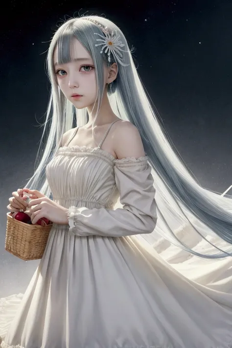 a picture of a woman in a long dress holding a white bag, sui ishida art manga, ( ( ( yoshinari yoh ) ) ), anime visual of a cute girl, colored manga, high quality colored sketch, the piercing stare of yuki onna, anime visual of a young woman, anime girl w...