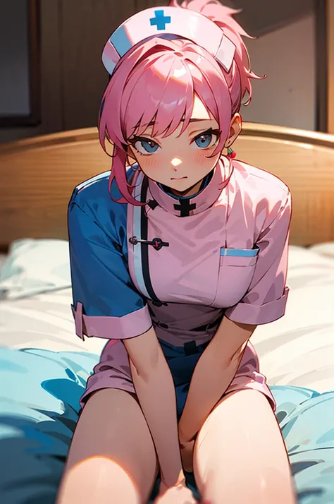 nsfw　((Best Quality)), ((masterpiece)),（Prevent drawing errors）　First Person View（Includes body depiction）　nurse　桃色のnurse服　Pink Hair　Short ponytail　Engagement Rings　evening　Private room　On the bed　Insert penis into pussy　Cowgirl　Astride a man&#39;s body　Wh...