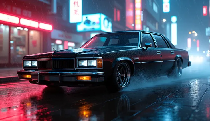 Cyberpunk、night、Heavy rain、Neon Reflection
"Produces a VIP car with a low stance and gloss black paintwork, Reflects light from a highly polished surface. This car、It has a boxy, luxurious design with a prominent front grille and chrome accents.。. wide, Sh...