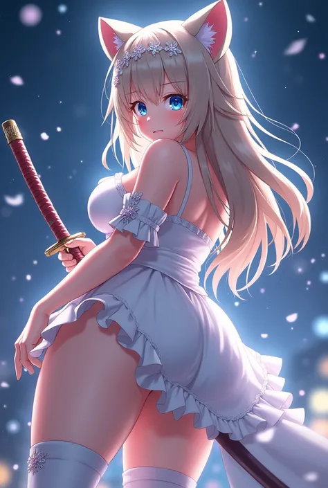 One girl, Blue Eyes,Greige hair,one piece,Thighs,Big Ass,Japanese sword,anime,Cat ears,Knee socks,Genshin Impact,wallpaper,night,Long Hair,,whole body,Glamour,Angry expression,Chubby,Sparkling,Rear view,Tsundere,White clothes,Three-dimensional effect on th...