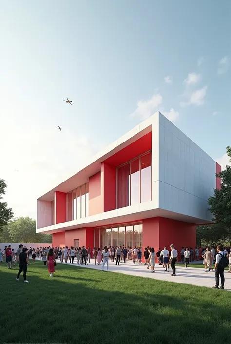 The building of the Faculty of Social Sciences looks modern, suitable for Gen Z as a Landmark. Everyone who passes by must take a check-in photo. Ask for white and red. There is a lawn in front of the building. Crowded people.