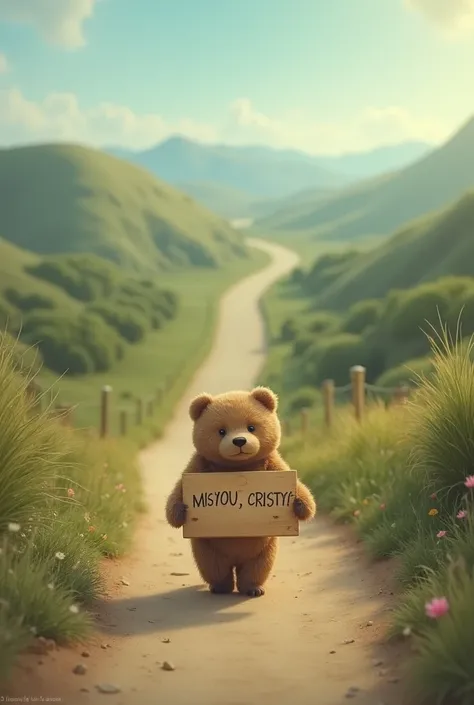 A little bear walking on a long road,with high view,and the little bear carries a sign that says,"I miss you Cristy".In Spanish the lyrics