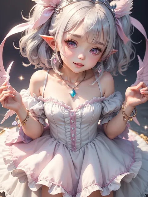 cute little Angel、 Rainbow hair 、angel wing 、Puff sleeve dress、Fluffy dress、Look at,  Pointy Ears, Grey Hair, Bob Hair, Crystal Earrings, Eyes are symbols, Light blush,  Beaded Necklaces, Light pink dress、Pale pink eyes、 happiness/joy, crown, 