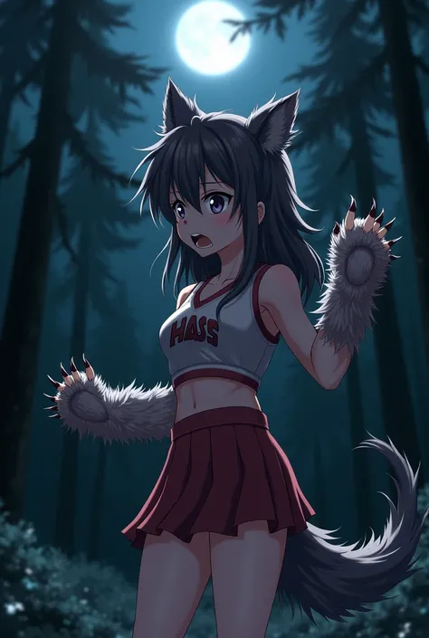 A panicked cheerleader stares at her left hand in horror as she sees it has grown into a large werewolf claw and the fur is spreading up her forearm. Her ears have become canine, two of her upper teeth have become wolf fangs, and a wolf tail has grown from...